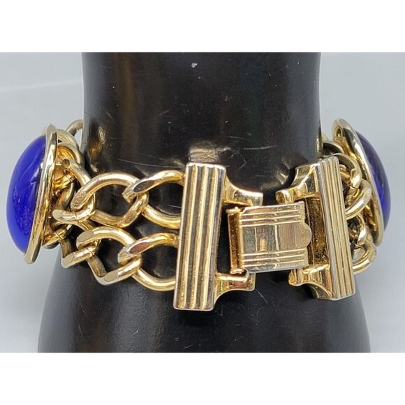 Blue Lucite Station Bracelet Vintage Large Link Gold Tone Size 7 Large Cabachon - Picture 2 of 8